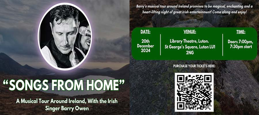 Songs from Home - a tour around Ireland with Barry Owen, Luton Library Theatre, Friday 20th December 2024